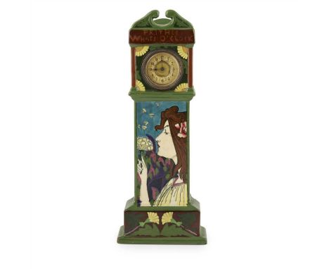 FREDERICK ALFRED RHEAD (1856–1933) FOR WILEMAN &amp; CO. FOLEY 'INTARSIO' TABLE CLOCK, CIRCA 1900 printed and painted decorat