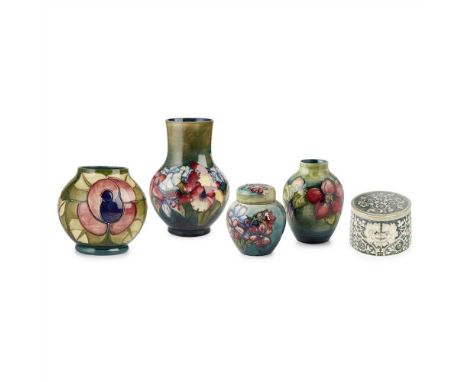 MOORCROFT POTTERY &amp; DENNIS CHINA WORKS GROUP OF FIVE WARES, EARLY 20TH CENTURY comprising an OVOID VASE, with painted ini