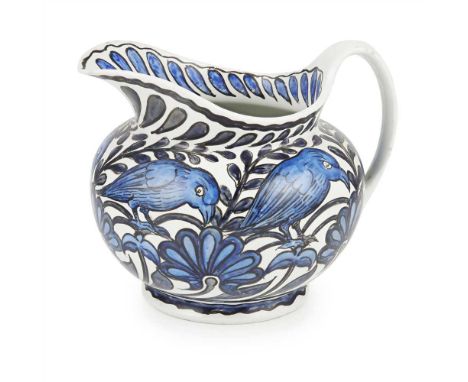 JOHN PEARSON (fl. 1885-1910) PAINTED CERAMIC JUG., CIRCA 1900 painted in blue with a frieze of crows amongst stylised foliage