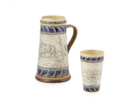 HANNAH BARLOW (1851-1916) FOR DOULTON &amp; CO., LAMBETH STONEWARE LEMONADE PITCHER &amp; BEAKER, DATED with incised decorati
