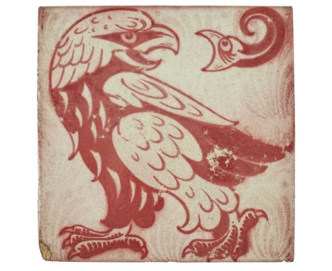 WILLIAM DE MORGAN (1839-1917) 'EAGLE &amp; SNAKE' RUBY LUSTRE TILE, 1882-1888 decorated in red, impressed marks for Merton Ab