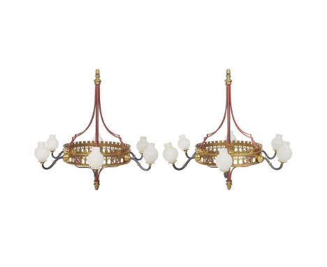 ENGLISH SCHOOL PAIR OF GOTHIC REVIVAL BRASS AND WROUGHT IRON CANDELABRA, CIRCA 1880 converted to electricity, with castellate