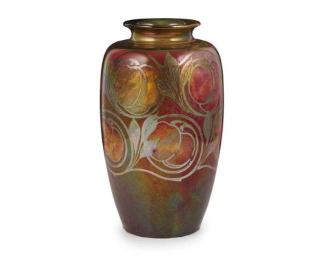 GLADYS ROGERS FOR PILKINGTON’S TILE AND POTTERY CO.  ROYAL LANCASTRIAN LUSTRE VASE, CIRCA 1920 decorated with a band of fruit