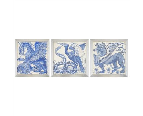 JOHN PEARSON (1859-1930) AFTER WILLIAM DE MORGAN THREE ARTS &amp; CRAFTS PAINTED TILES, CIRCA 1900 painted with a Dragon and 