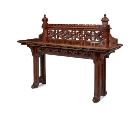 MANNER OF AUGUSTUS WELBY NORTHMORE PUGIN GOTHIC REVIVAL OAK SIDE TABLE, CIRCA 1890 with elaborate pierced upstand, the rectan