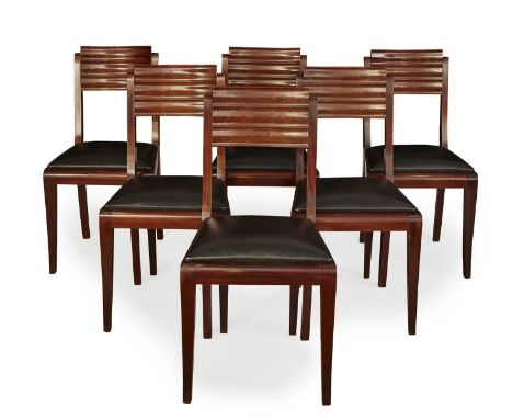 FRENCH SCHOOL ART DECO MAHOGANY DINING ROOM SUITE, CIRCA 1930 comprising a SET OF SIX CHAIRS, each with horizontally fluted b