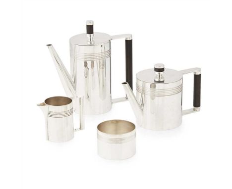 A. EDWARD JONES LTD. SILVER FOUR-PIECE TEA AND COFFEE SERVICE, BIRMINGHAM 1995 silver and hardwood, each of cylindrical form 