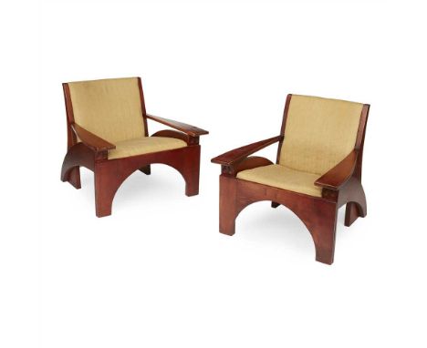 AFTER CHARLES RENNIE MACKINTOSH NEAR PAIR OF ASH EASY CHAIRS, CONTEMPORARY manufactured by Bruce Hamilton, Glasgow, each with