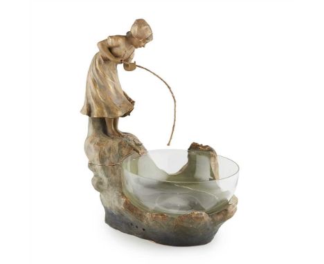 OTTO PETRI (1860-1942) FOR GOLDSCHEIDER ART NOUVEAU TERRACOTTA CENTREPIECE, CIRCA 1900 modelled as a boy fishing with a glass