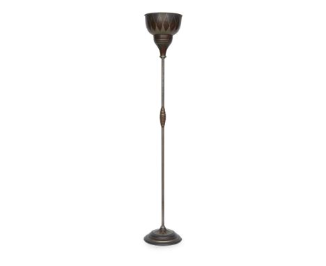 M. OFFNER ART DECO COPPER FLOOR LIGHT, CIRCA 1925 with silver and brass geometric design, the turned shade on knopped column 