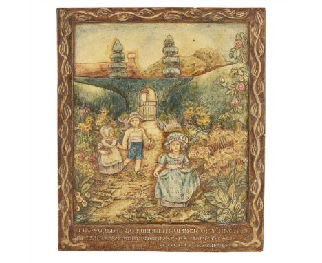 COMPTON POTTERS' ART GUILD LARGE POTTERY PLAQUE, CIRCA 1920 painted in tempera, with moulded inscription THE WORLD IS SO FULL