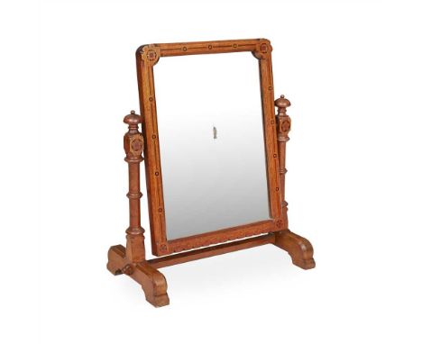 MANNER OF CHARLES BEVAN GOTHIC REVIVAL INLAID OAK TOILET MIRROR, CIRCA 1870 the rectangular hinged plate with chamfered and s