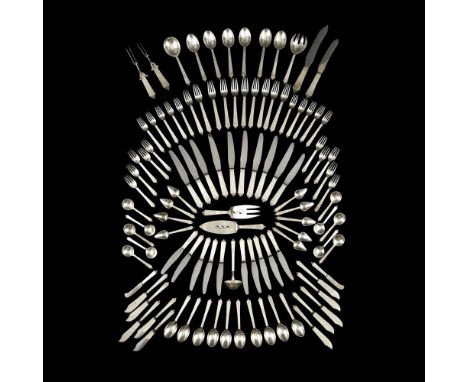 HARALD NIELSEN (1892-1977) FOR GEORG JENSEN PART CANTEEN OF SILVER 'PYRAMID' PATTERN FLATWARE, comprising 10 table knives, 10