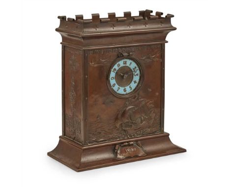 ENGLISH SCHOOL ARTS &amp; CRAFTS COPPER MANTEL CLOCK, DATED 1900 the single train movement with enamelled dial within case re