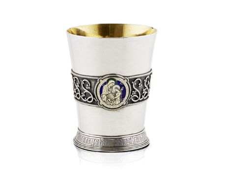 ATTRIBUTED TO EDWARD WELBY PUGIN FOR JOHN HARDMAN &amp; CO. GOTHIC REVIVAL SILVER AND ENAMEL BEAKER, with gilt interior, bear