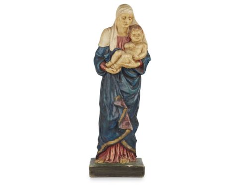 COMPTON POTTERS' ART GUILD STANDING POTTERY FIGURE OF THE VIRGIN AND CHILD, CIRCA 1920 painted tempera on plaster, impressed 