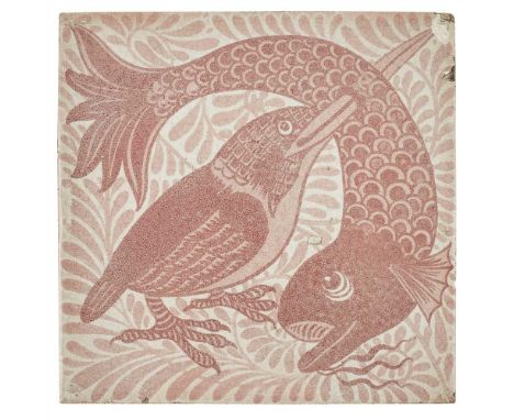 WILLIAM DE MORGAN (1839-1917) 'KINGFISHER SPEARING FISH' RUBY LUSTRE TILE, CIRCA 1890 stamped marks for Sand's End pottery (D