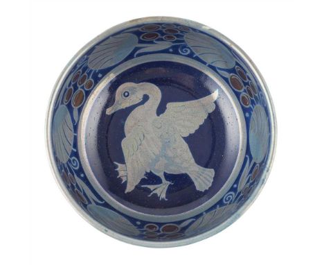 WILLIAM DE MORGAN (1839-1917) TRIPLE LUSTRE EARTHENWARE BOWL, LATE 19TH/ EARLY 20TH CENTURY decorated by Fred Passenger in bl