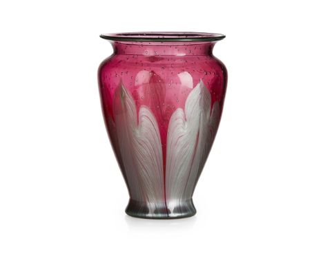 LOETZ, AUSTRIA 'TITANIA' IRIDESCENT GLASS VASE, CIRCA 1910 the ruby glass body with pulled silver iridescent frieze and bubbl