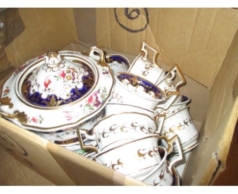 Early 19th Century English tea and coffee service hand painted with flowers, blue and gilt borders, comprising: six teacups, 