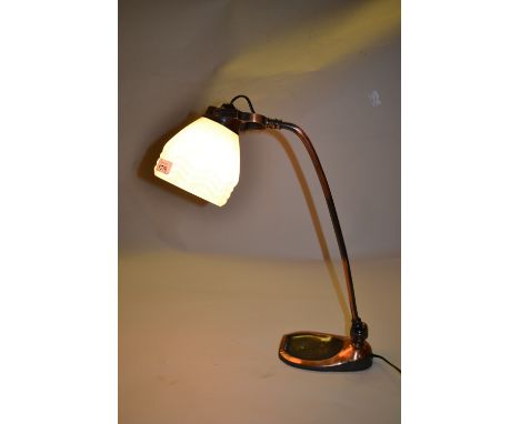 1920 / '30's Copper and pewter finished anodised adjustable weighted desk lamp with opaque ribbed glass shade having R.D. No.