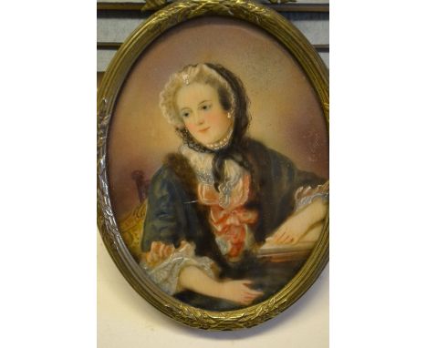 Oval miniature watercolour portrait of Maria Leszczynska, wife of Louis XV, gilt framed with bow surmount together with a min