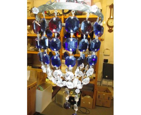Gilt brass and cut glass bag form light fitting together with another smaller, having blue and clear glass drops (a/f)