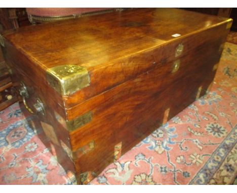 Large mid 19th Century Chinese camphor wood military trunk having brass corners and heavy brass end carrying handles includin