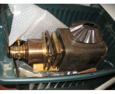 19th Century polished metal and brass mounted magic lantern with various accessories