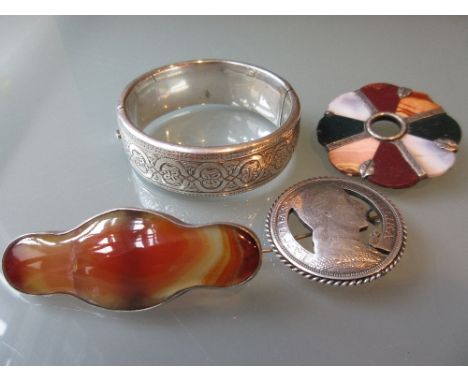 Scottish agate circular brooch, two other brooches and a silver bangle