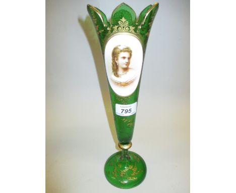 19th Century Bohemian green glass and gilt decorated vase mounted with an opaque overlay portrait of a girl (a/f)