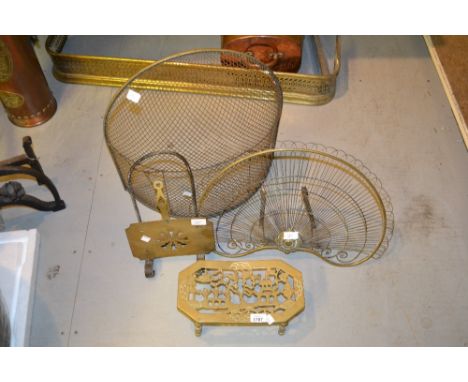 Metal bound wooden two handled grain bin, various trivits, copper warming pan, firescreen etc.