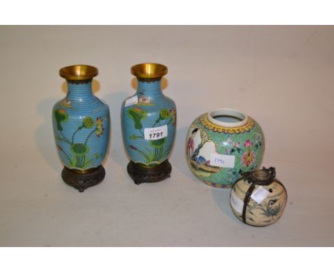Pair of cloisonne baluster form vases decorated with water birds and plants on hardwood stands, Chinese ginger jar and cover 