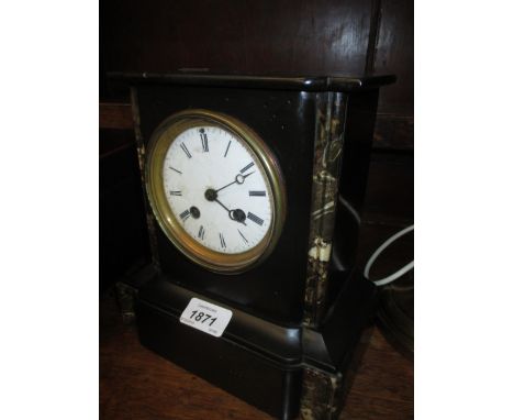 19th Century black slate and marble mantel clock having circular enamel dial with Roman numerals and two train movement strik