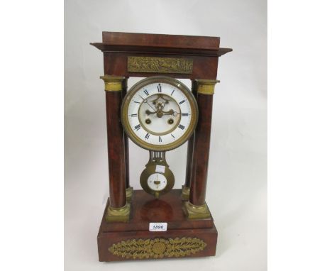 19th Century mahogany portico clock having circular enamel dial with Roman numerals and visible escapement with two train mov