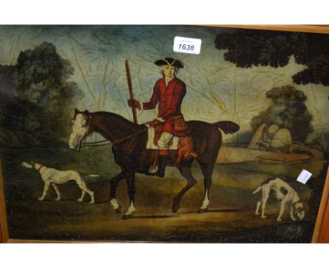 Maple framed reverse print, figure on horseback with dogs, together with a small maple frame and an unframed artist signed co