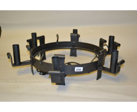 Nigel Tyas, wrought iron six branch hanging electrolier together with four matching double wall lights and a matching picture