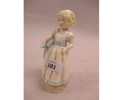 Royal Worcester porcelain figure of a girl in white dress with blue ribbon