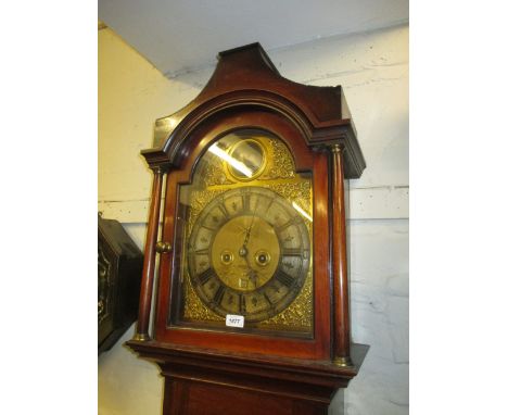 19th Century mahogany longcase clock having arched hood with brass dial and silvered chapter ring with Roman numerals, date a