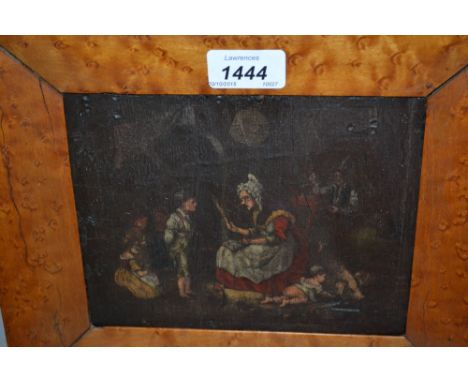 19th Century maplewood framed naive style oil on panel, lady with children in an interior, 6ins x 7ins