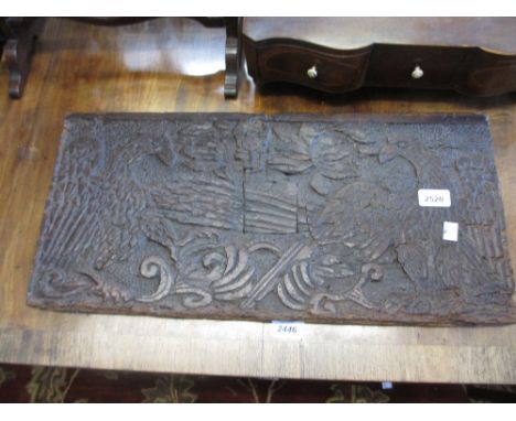 17th Century carved walnut box front, decorated with a pair of eagles in relief together with a 19th Century carved oak panel