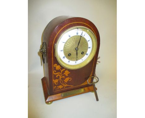 Edwardian mahogany and floral marquetry inlaid mantel clock with enamel dial and two train movement