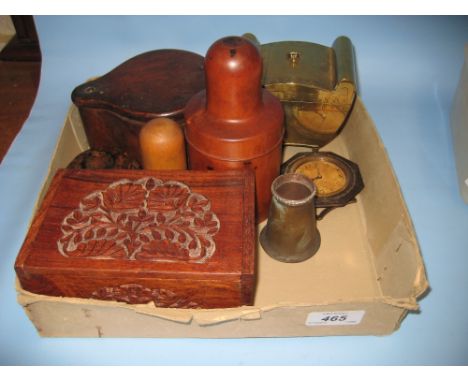 Edwardian brass tea caddy, small tortoiseshell dressing table clock and sundries