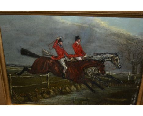 19th Century English naive school, pair of oil paintings on panel, hunting scenes, 9ins x 12ins, gilt framed
