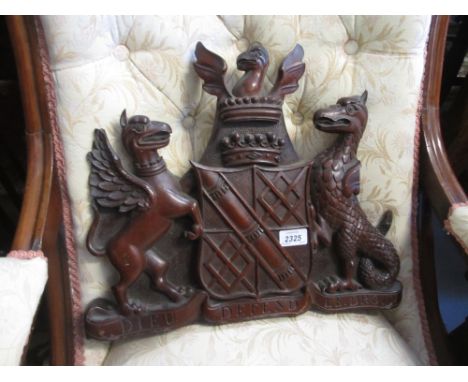 19th Century carved mahogany coat of arms for the DeMontagnac family (slight damage)