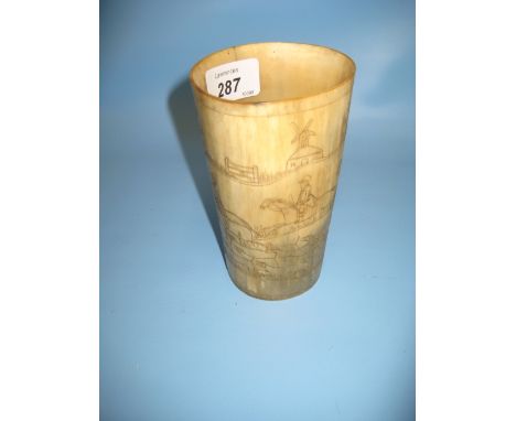 19th Century cattle horn beaker with engraved decoration depicting a hunting scene