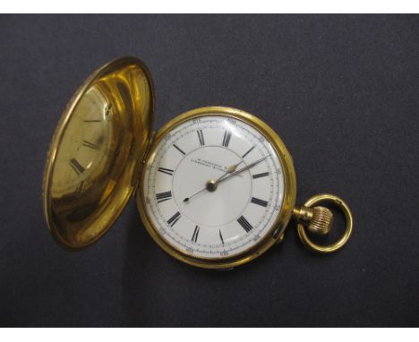 Good quality 19th Century English 18ct gold cased hunter pocket watch, the enamel dial with Roman and Arabic numerals with ce