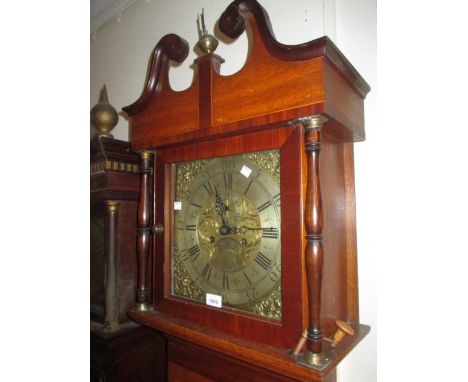 George III oak longcase clock, the square hood with swan neck pediment and flanking pilasters above a rectangular panel door 