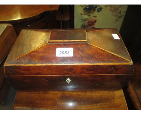 Early 19th Century yew wood veneered sarcophagus shaped tea caddy with ring handles (a/f, lacking interior)