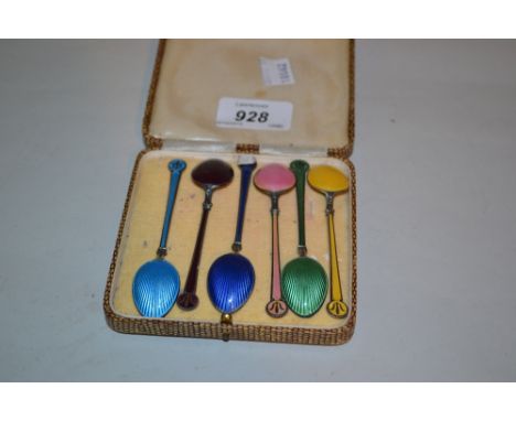 Set of six Scandinavian silver coloured enamel coffee spoons in fitted box